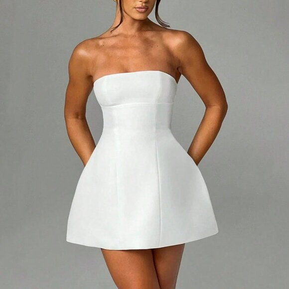 White Sexy Women's Solid Tube Short Dress - Picture 4 of 4